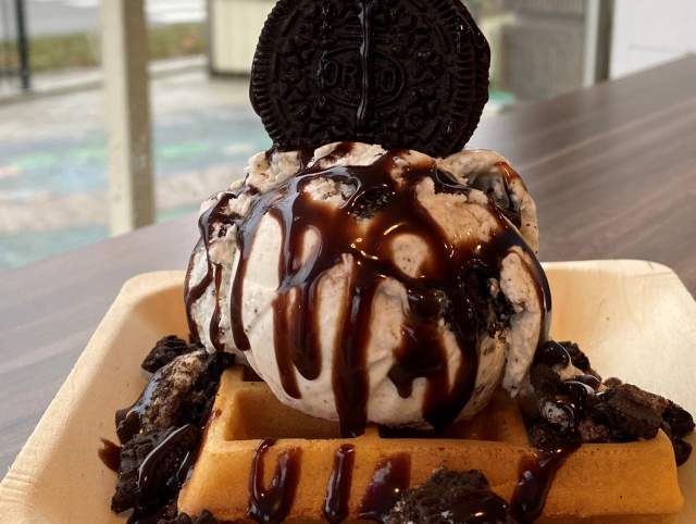 Waffle with ice cream and cookies