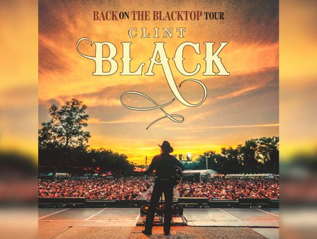 Clint Black tour poster with man on stage in front of a crowd at sunset.