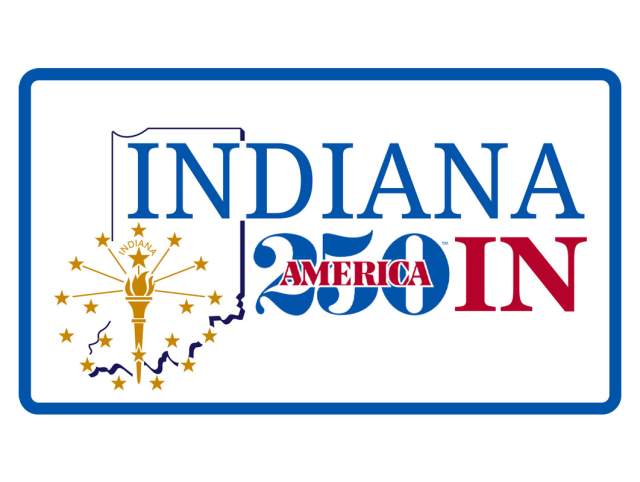 America 250 in Indiana- Image shows the golden torch of liberty and 19 golden stars from the Indiana flag over a map outline of the state, with the words Indiana, America 250 IN.