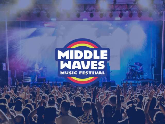 Middle Waves Music Festival logo over photo of stage and crowd.