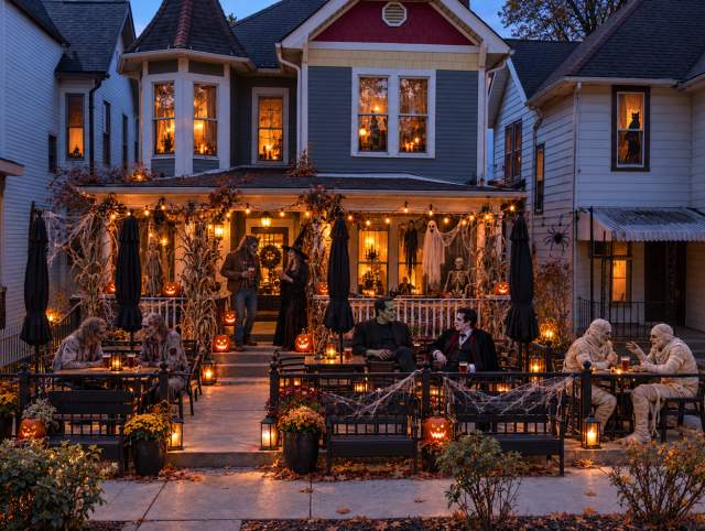 Halloween illustration of Rudy’s with glowing pumpkins, cobwebs and costumed monsters gathered on the patio.