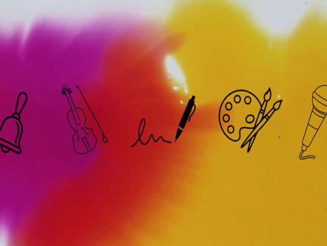 Purple, Yellow and Red Tie-Dye image with a violin, microphone, pen, paint brushes, and handbell