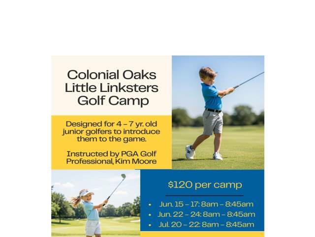 Promotional poster showing child golfers, dates, times, and cost of golf lessons.