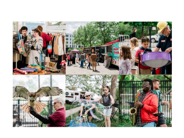 Photo collage showcasing various aspects of our event including shopping, eating, kids activities, live local music, and educational demonstrations.