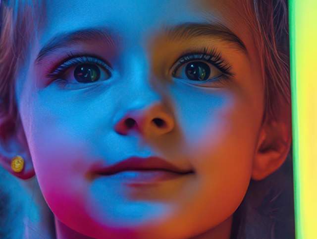 young child with glowing colors on their face