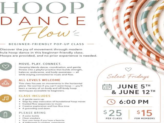A clean, modern event flyer for “Hoop Dance Flow” with a bright white background and soft earthy-accent colors.