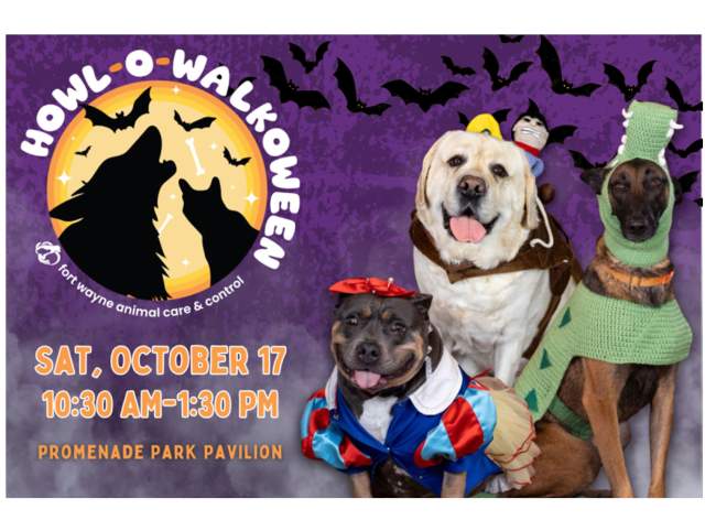 Graphic including Howl-O-Walkoween logo, bat illustrations, three dogs in costumes, and event date (Sat, October 17), time (10:30 AM-1:30 PM), and location (Promenade Park Pavilion).