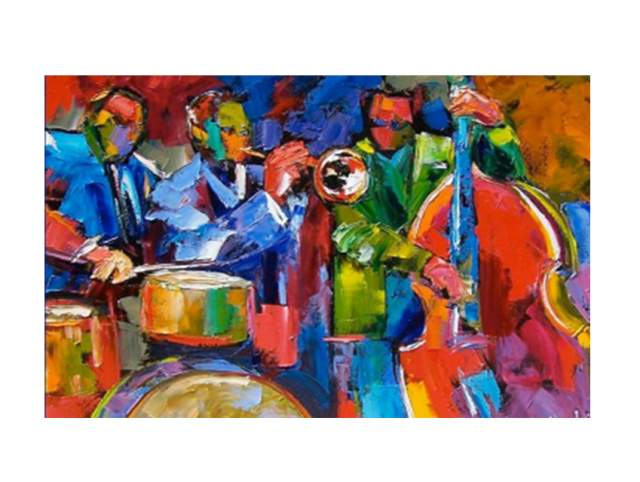 Very colorful painting of a jazz trio