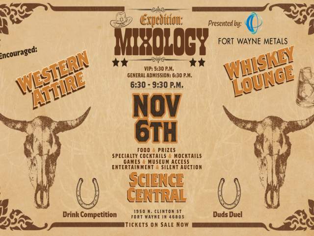 A brown, Western-themed event flyer featuring pencil-style sketches of a covered wagon, two horseshoes, and a whiskey glass filled with ice. The flyer promotes Expedition: Mixology on November 6, 2026, from 6:30–9:30 p.m. at Science Central. It highlights a Duds Duel, a costume contest, a VIP option, a drink competition, and a gamified experience for guests.