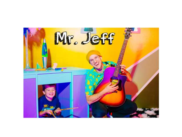 Mr. Jeff is a man holding a guitar. He is smiling and wearing a hat and glasses in a colorful background.