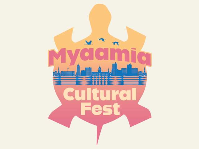 A Myaamia artist shows a child how to make a wooden lacrosse stick during a hands-on activity, with a ‘Myaamia Cultural Fest’ graphic overlay.”