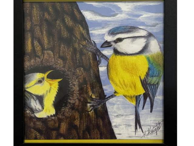Painting of two birds on a tree.