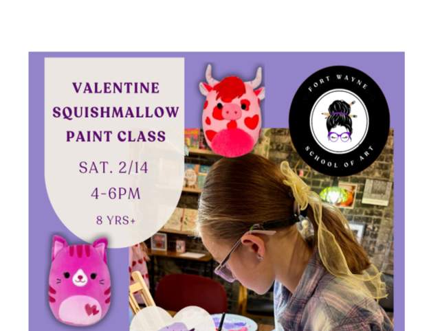 Photo of advertising poster for the Valentine's Day Squishmallow Paint Class for Kids on February 14, 2026