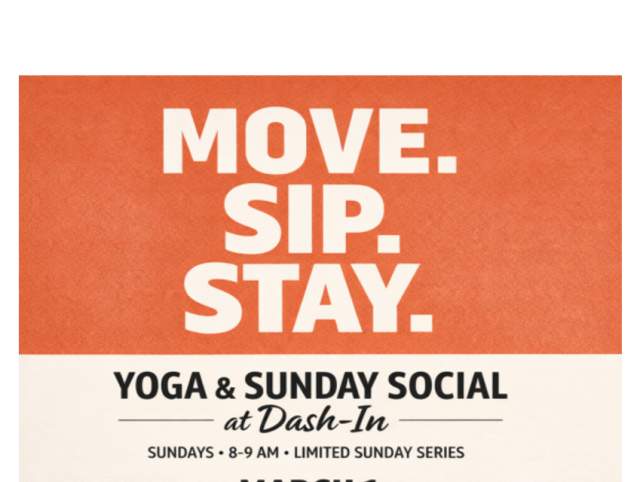 Yoga class at Dash-In in downtown Fort Wayne during Yoga & Sunday Brunch event featuring morning flow and brunch experience.