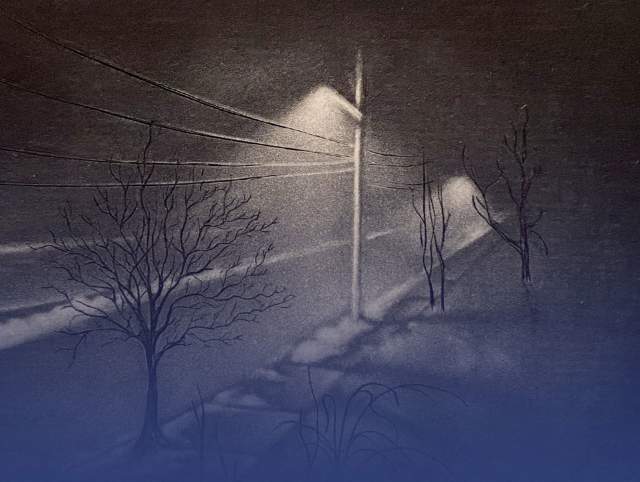 Dark street with light posts in promotion for Mezzotint and the Power of Darkness