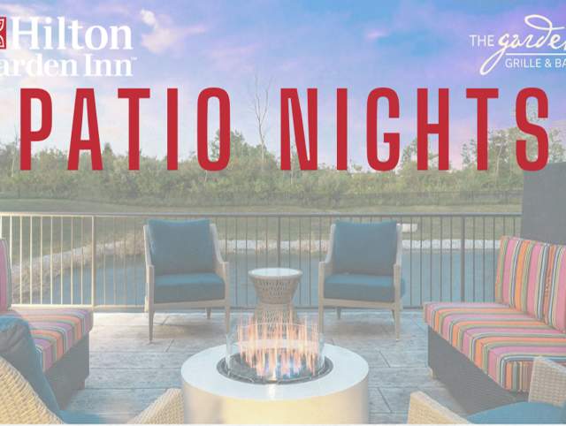 Event title overlaid on photo of patio