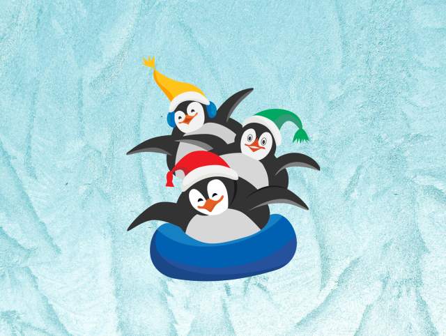 Illustration of penguins in winter clothes sledding in an inner tube. Promotional image for Winterval 2026 in Fort Wayne, Indiana, happening January 24.