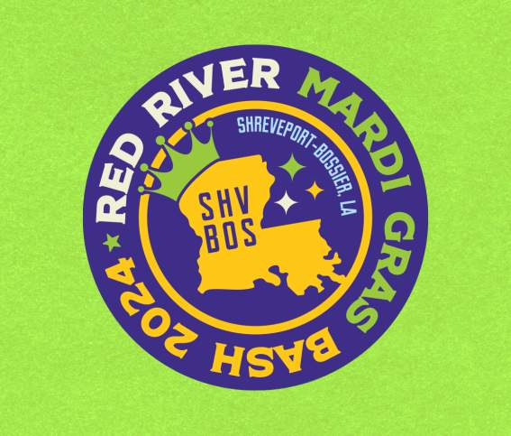 2024 Red River Mardi Gras Bash Promotional Graphic - features Mardi Gras bead design with crowned Louisiana in center on a bright green background, presented by Visit Shreveport-Bossier in the corner