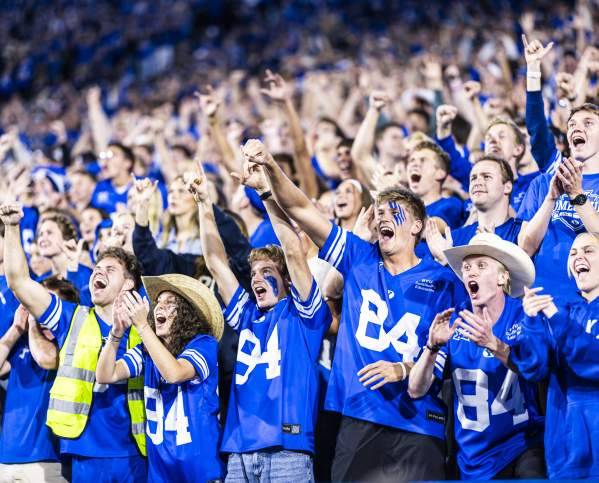 BYU student section cheering in the crowd, similar energy and crowd excitement expected at First Down Provo