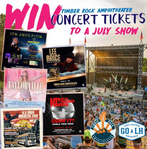 Timber Rock Amphitheater photo with a listing of July shows.
