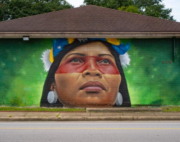 a mural displaying a prominent indigenous leader and activist from Ecuador, Nemonte Nenquimo