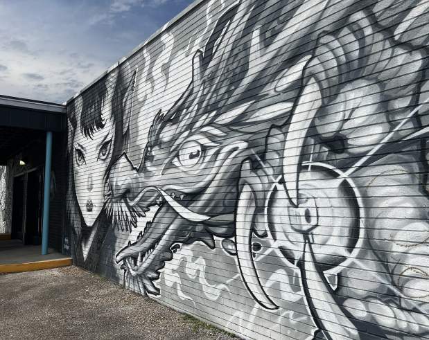 a black and white mural showing a girl and a dragon