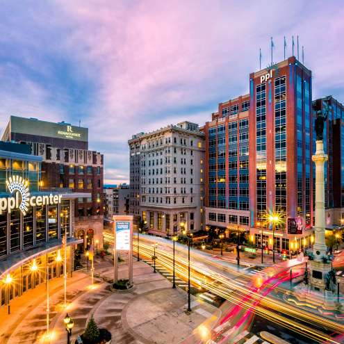 scene of downtown Allentown, PA at dusk