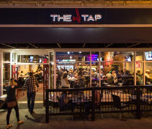 Exterior of The Tap at night