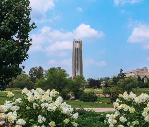 The Metz Carillon Tower in the Cox Arboretum on a summer day