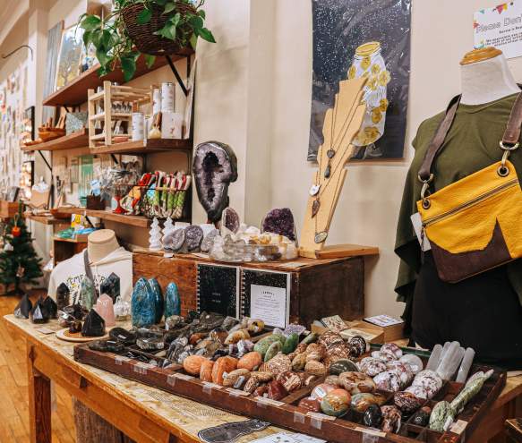 A display of clothing, gemstones, art, and more at Gather