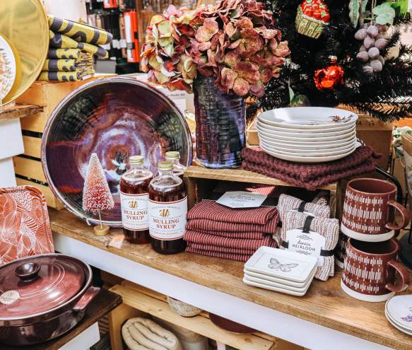 A display of holiday-themed kitchen and food items at Goods for Cooks