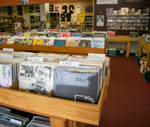 Display of vinyl records at Landlocked Music