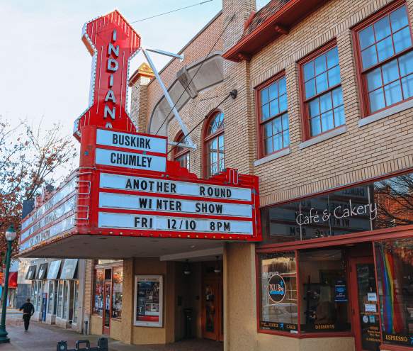 Exterior of the Buskirk-Chumley Theater and BLU Boy Chocolate Cafe & Cakery during winter