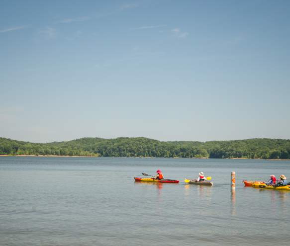 Four people kayaking on Monroe Lake