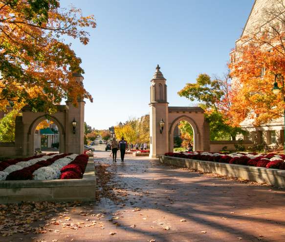 A couple holding hands while walking through Sample Gates