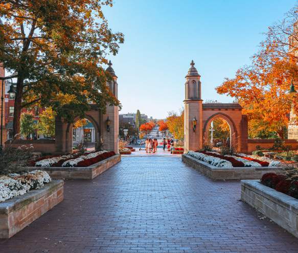 Sample Gates looking down Kirkwood Avenue on a sunny fall day