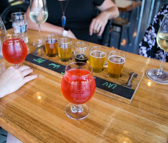 An assortment of beers and wines from Switchyard Brewery