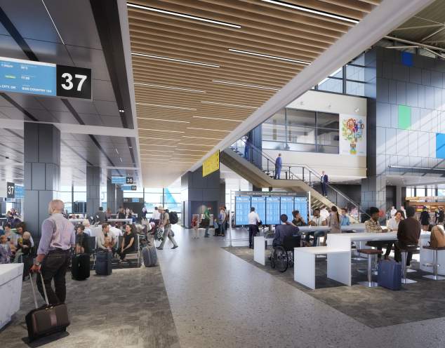 A digital rendering of a busy terminal at an airport filled with people moving about.