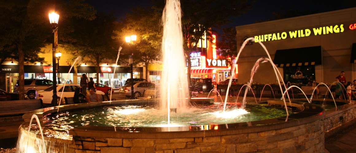 Elmhurst City Centre Fountain at Night