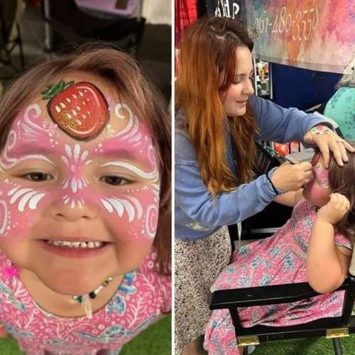 Side-by-side photo of a little girl with a pink face painting strawberry and a woman painting that girl's face