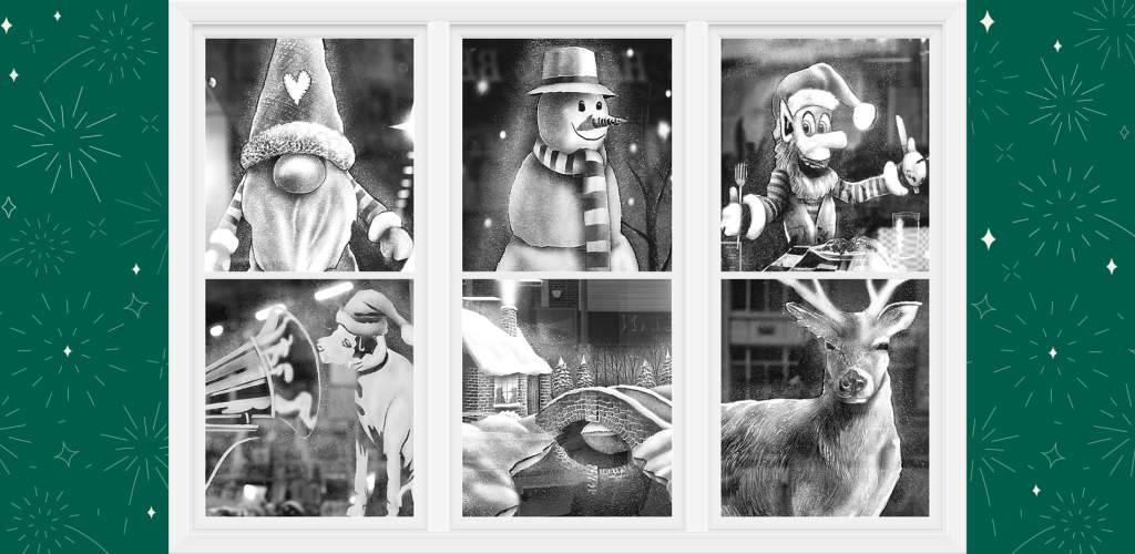 Six windows with snowy festive characters including a gonk, snowman, elf, HMV dog, and stag