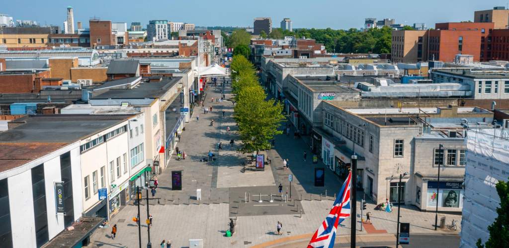 Birds eye view shot of pedestrian precinct on a sunny day