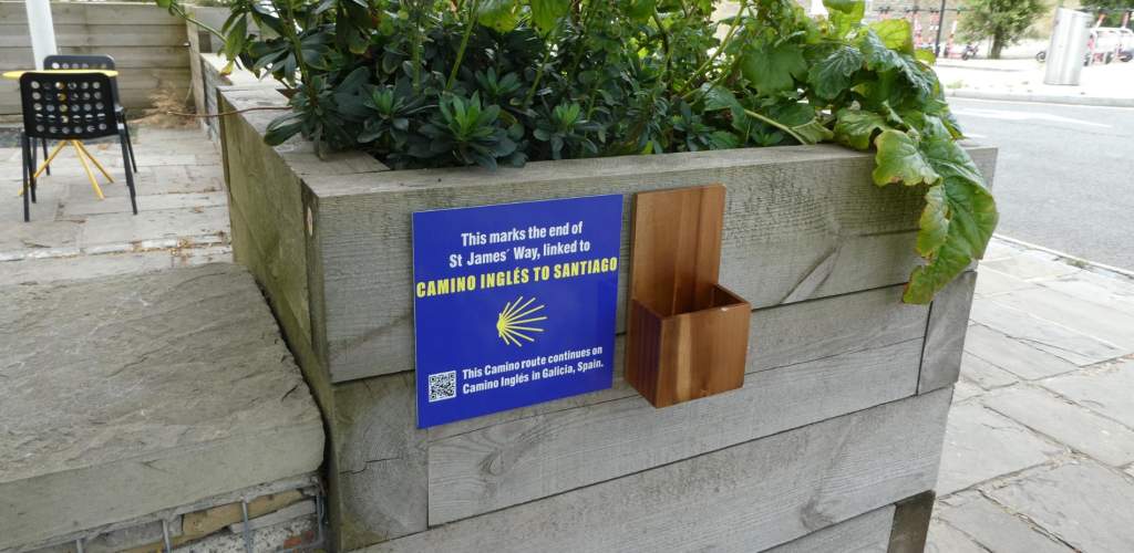 SST James' Way Pilgrimage sign on planter outside Gods House Tower