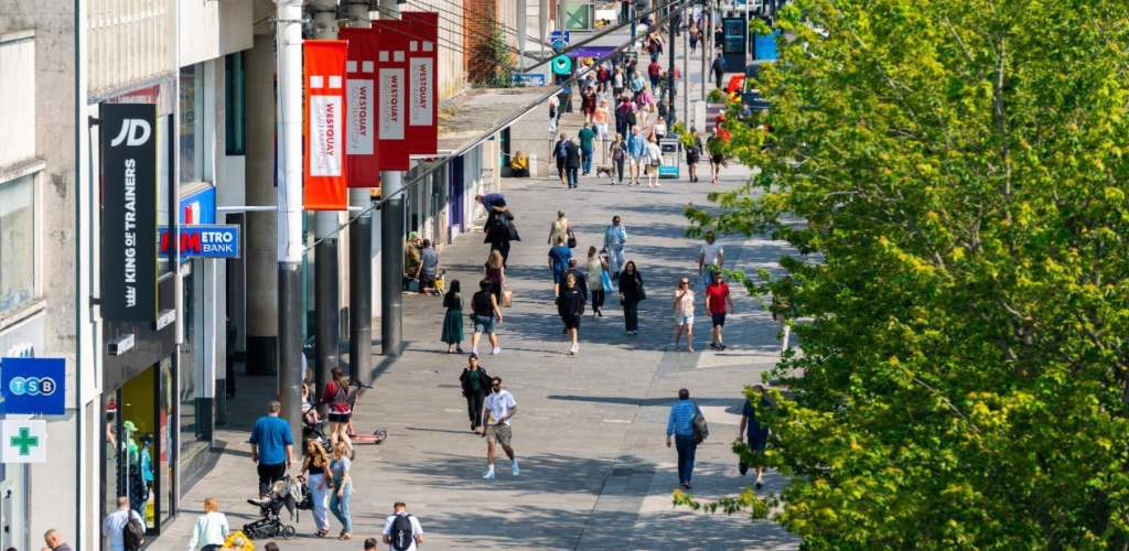 Top down view of people walking around Above Bar Precinct in the summer