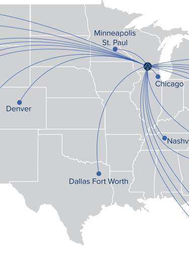 A map showing non-stop flight destinations from Dane County Regional Airport