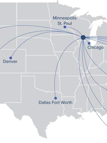 A map showing non-stop flight destinations from Dane County Regional Airport