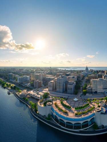 A wide drone image of the city at sunset with Monona Terrace in the foreground