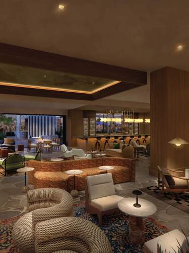 Luxuriously designed interior of a spacious lounge with dim ambient lighting, featuring a mix of modern and retro furniture, decorative rugs, and a bar area in the background, complemented by wall art depicting a vintage car. Thompson