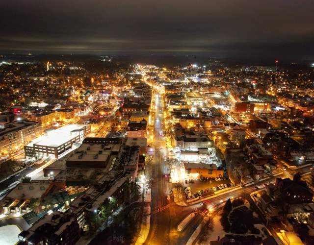 Aerial view of downtown Saratoga Springs at night
