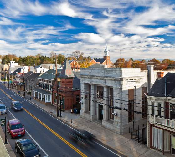 Aerial view of the Middletown Mainstreet road and buildings